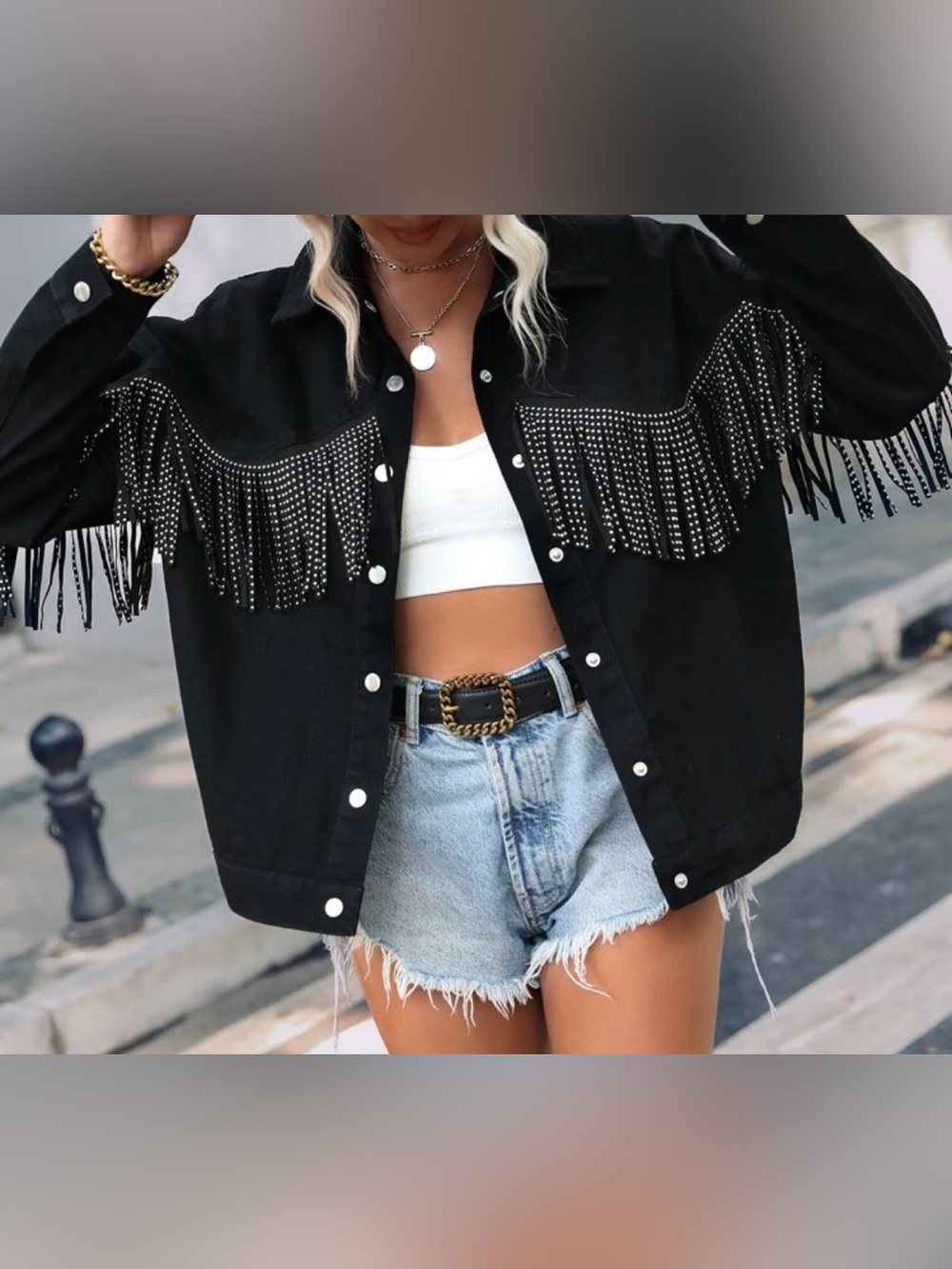 Black Fringe Stud Denim Jacket